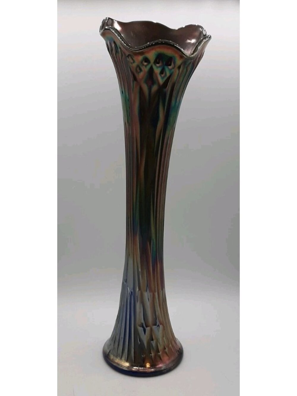 Vintage Fenton Fine Rib Carnival Glass Amethyst Vase Art Nouveau 14 Inch